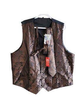 Mens Size XXXL Paisley Patterned Brown  Black Vest With Tie & Pocket Square Set
